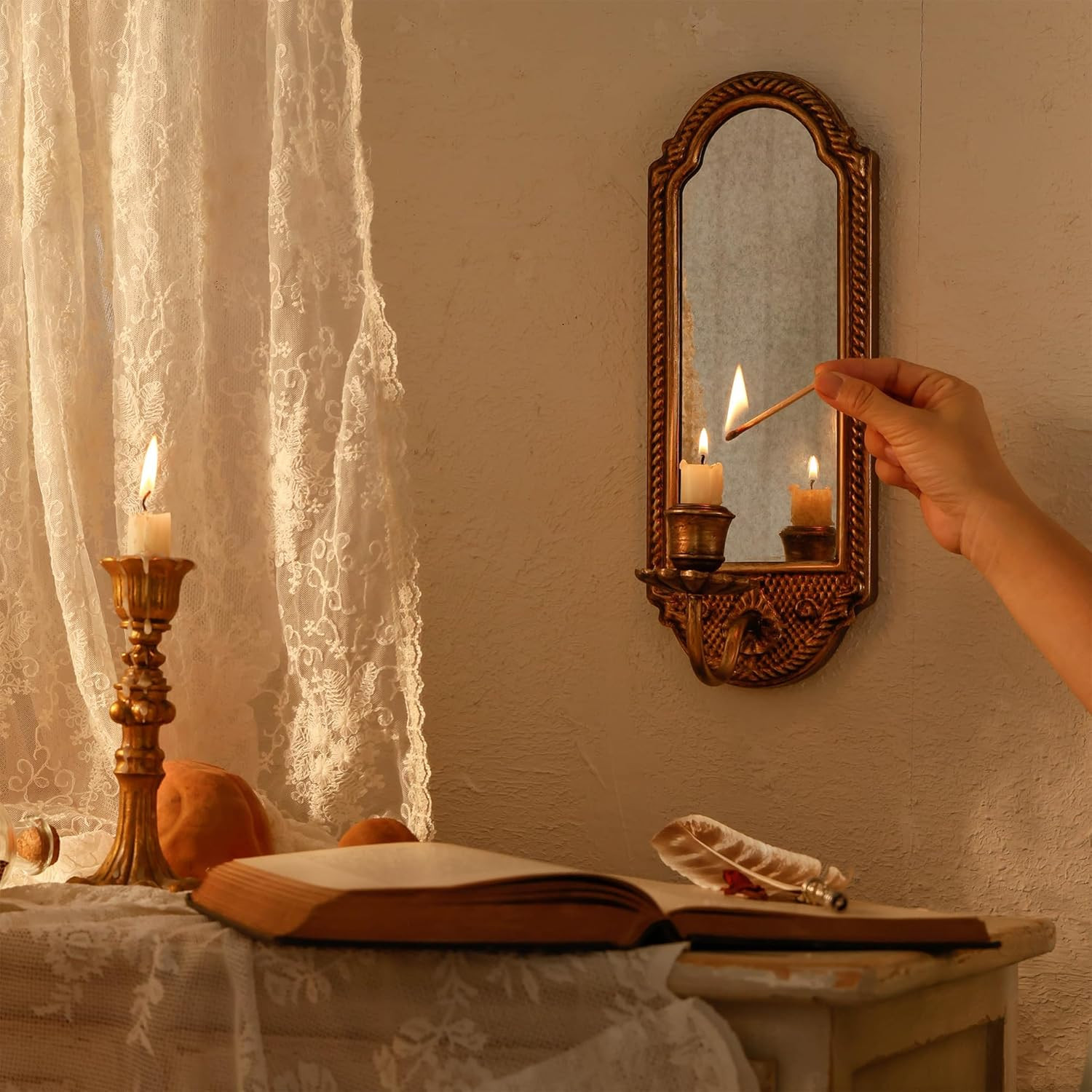Vintage Gold Wall-Mounted Candle Sconce with Mirror - Floral Base & 3D Woven Texture for Bathroom, Dining Room, Entryway | Amazon (US)