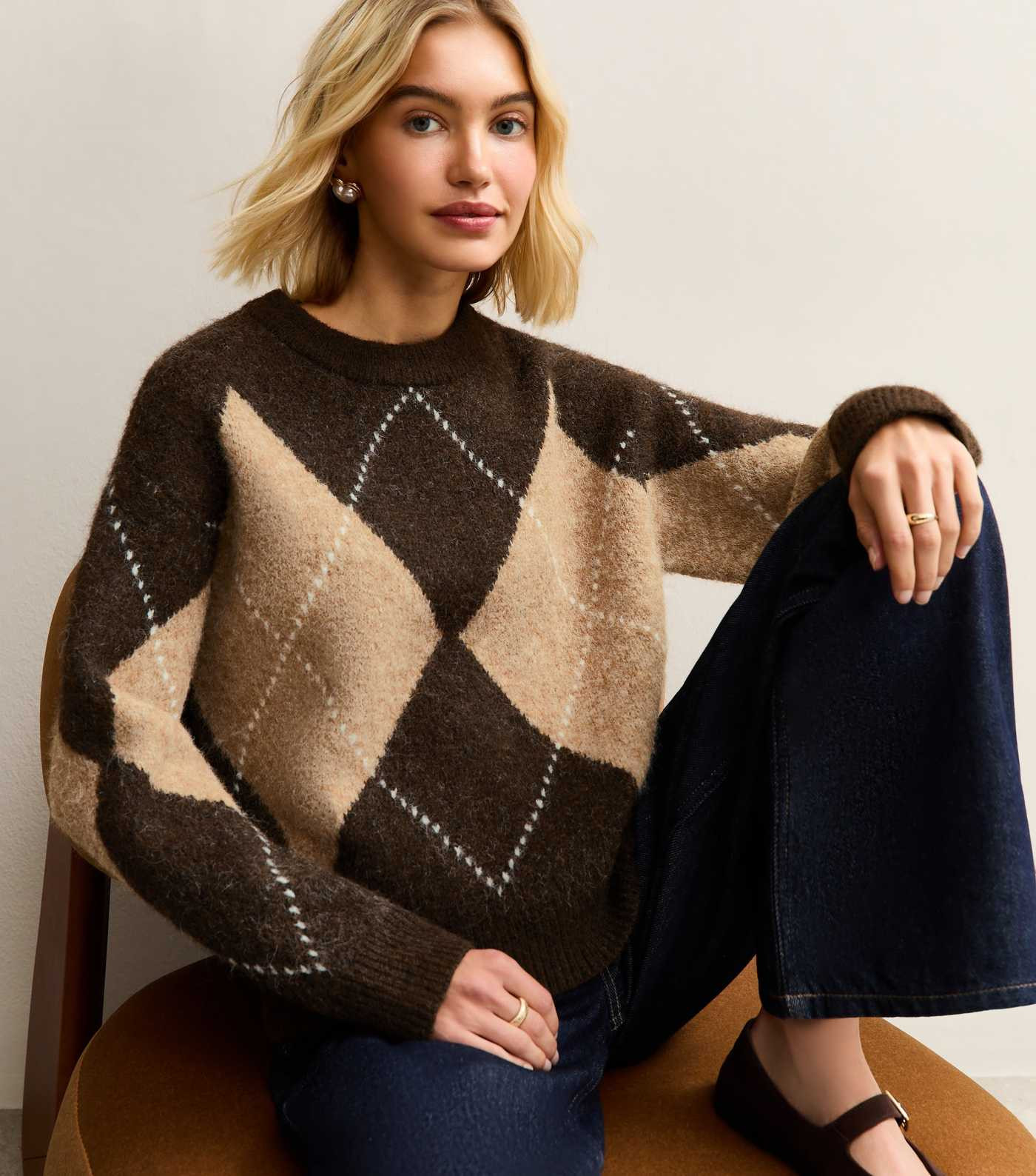 Brown Argyle Pattern Crew Neck Jumper | New Look | New Look (UK)