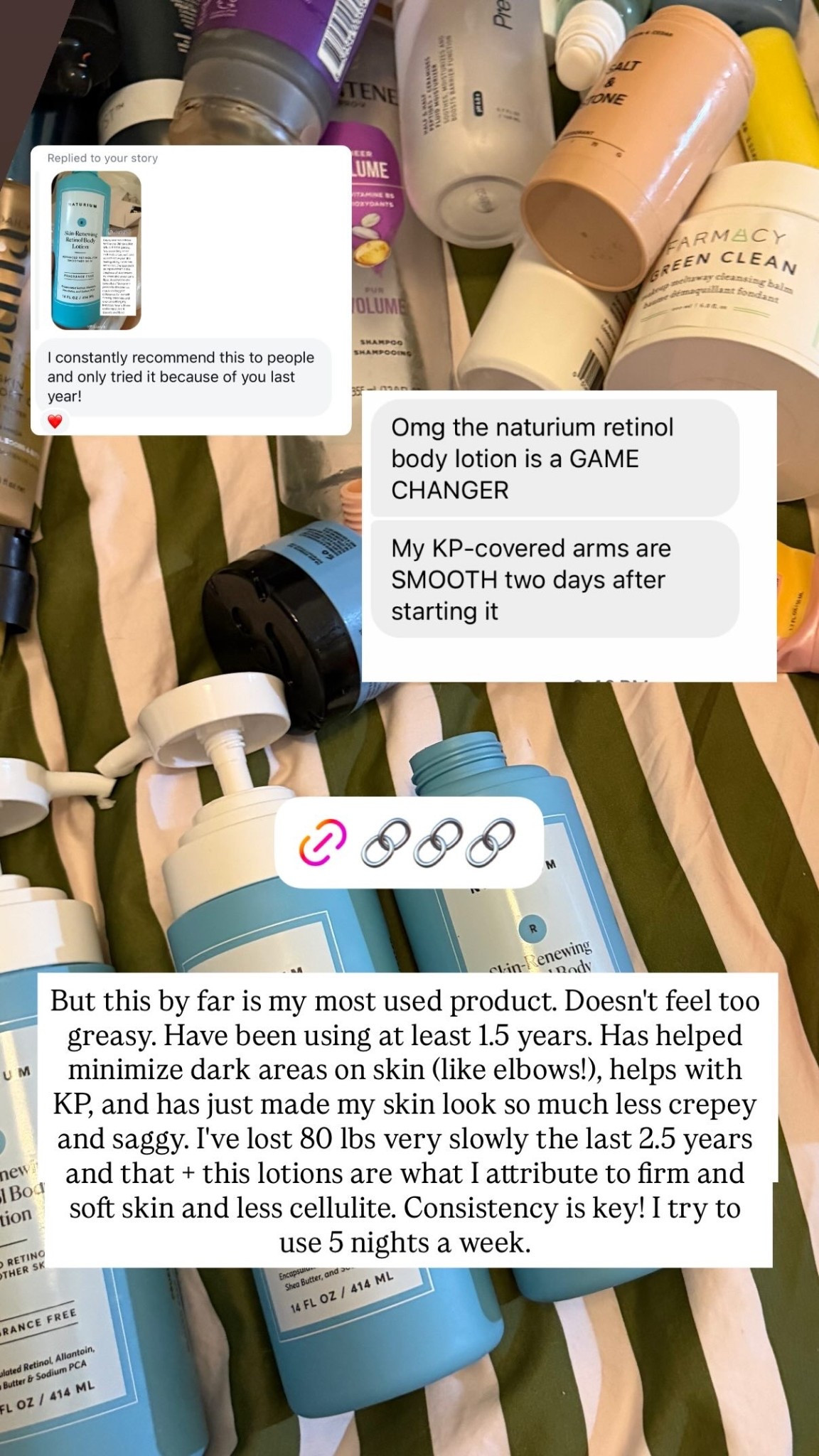 But this by far is my most used product. Doesn't feel too greasy. Have been using at least 1.5 years. Has helped minimize dark areas on skin (like elbows!), helps with KP, and has just made my skin look so much less crepey and saggy. I've lost 80 lbs very slowly the last 2.5 years and that + this lotions are what I attribute to firm and soft skin and less cellulite. Consistency is key! I try to use 5 nights a week.

#LTKgrwm #LTKselfcare #LTKBeauty