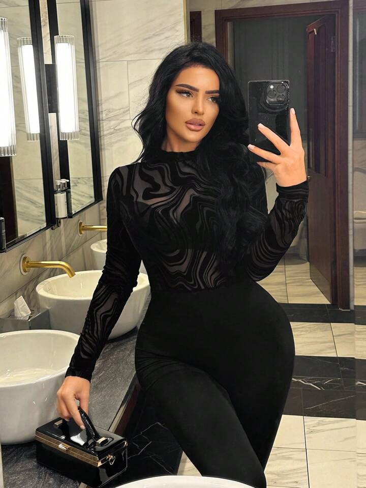 SHEIN SXY Mesh Printed Bodysuit With Wave Pattern | SHEIN