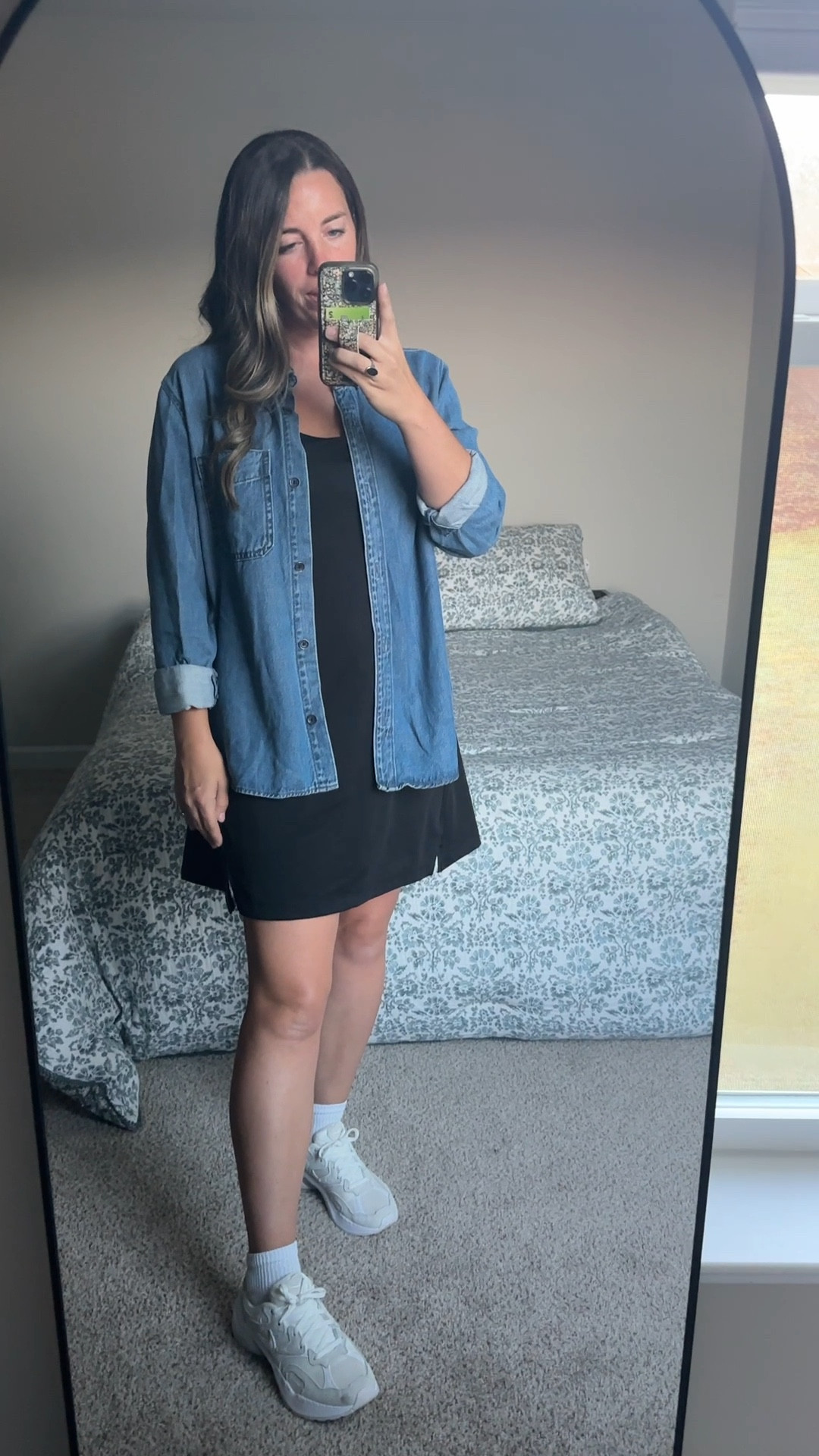 Today’s Carpool Fit of the Day 😆🤍 
the best  active dress from old navy that is 40% off - large 
target universal thread denim button down - large 
my favorite neutral Nike sneakers under $100! 

#LTKFindsUnder100 #LTKMidsize #LTKSaleAlert