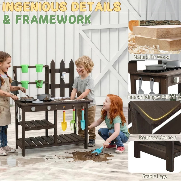 Ktaxon Outdoor Wooden Mud Kitchen for Kids, Play Kitchen with Sink, Faucet, Chalkboard, Planting ... | Walmart (US)