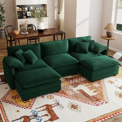 115" Oversize Modular Cloud Couch Sectional - Deep Seat U-Shaped Sofa, 3 Seats with 2 Ottomans,Pet-Friendly Fabric,Green Corduroy | Amazon (US)