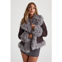 boohoo Women's Faux Fur Trim Suede Look Coat in Chocolate | Size: 12 | boohoo (US & Canada)