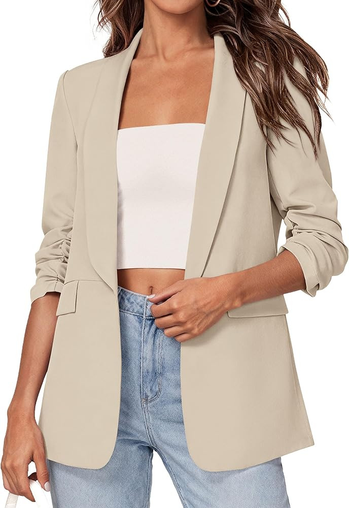PRETTYGARDEN Women's 2026 Spring Blazers Business Casual Outfits Open Front Ruched 3/4 Sleeve Lig... | Amazon (US)