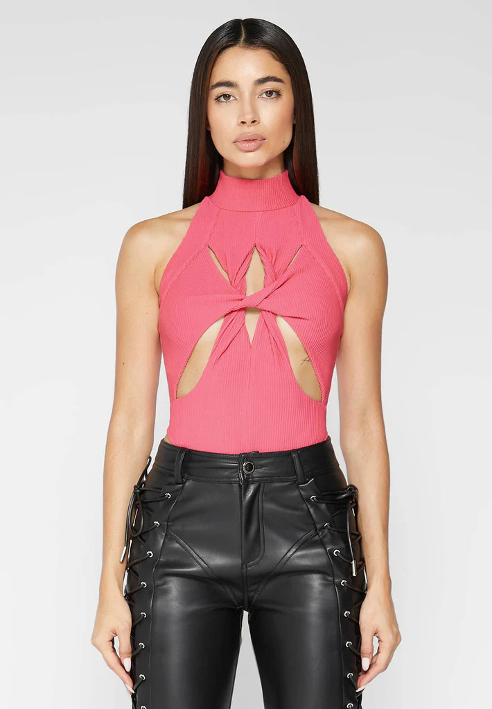 Twisted Ribbed High Neck Bodysuit - Pink | Maniere De Voir