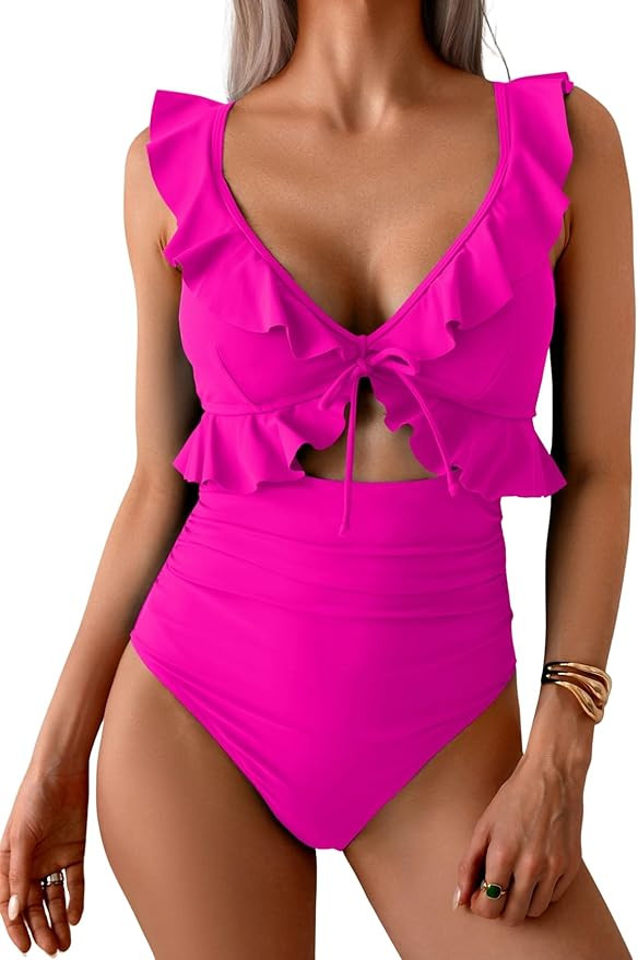 Eomenie One Piece Swimsuit for Women Tummy Control Ruffle Bathing Suit V Neck Ruched Swim Suit Sl... | Amazon (US)
