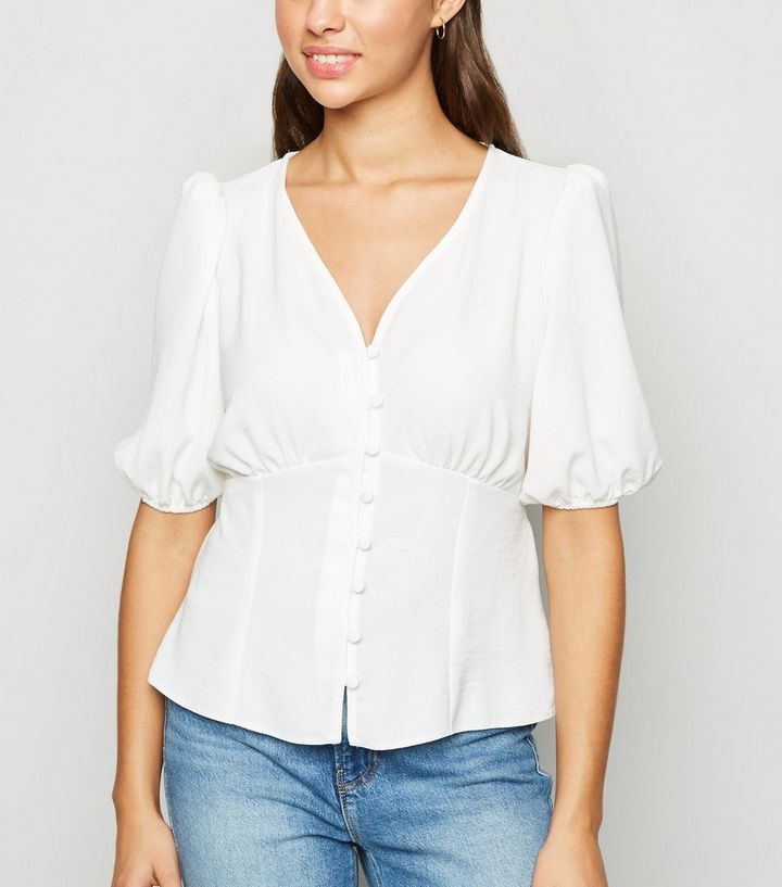 Off White V Neck Puff Sleeve Tea Blouse
						
						Add to Saved Items
						Remove from Saved I... | New Look (UK)