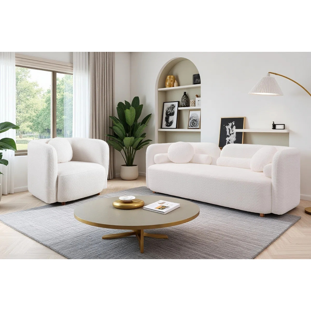 2-Piece Modern Boucle Living Room Sofa Set, 4-Seat Upholstered Curved Couch with Accent Chair | Wayfair North America