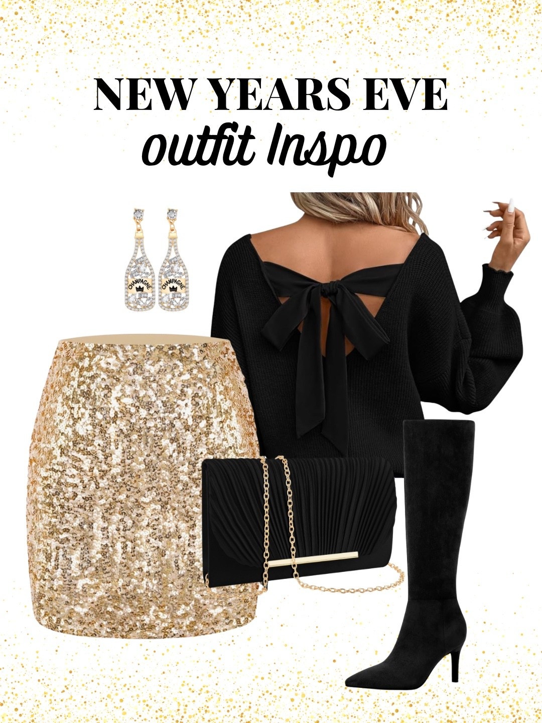 Counting down in style! 🥂 Sequins, bows, knee-high boots & gold accents = NYE perfection🖤✨ Everything you need for a chic night out

#NYEOutfit #NewYearsEveStyle #PartyOutfit #SequinSkirt #BowSweater #BlackAndGold

#LTKHoliday #LTKootd #LTKSeasonal