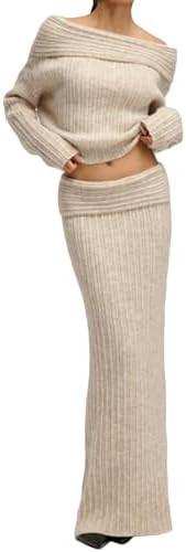 Kwunbwa Skirt Sets Women 2 Piece Outfits Off Shoulder Long Sleeve Sweater Bodycon Maxi Skirt Fall... | Amazon (US)