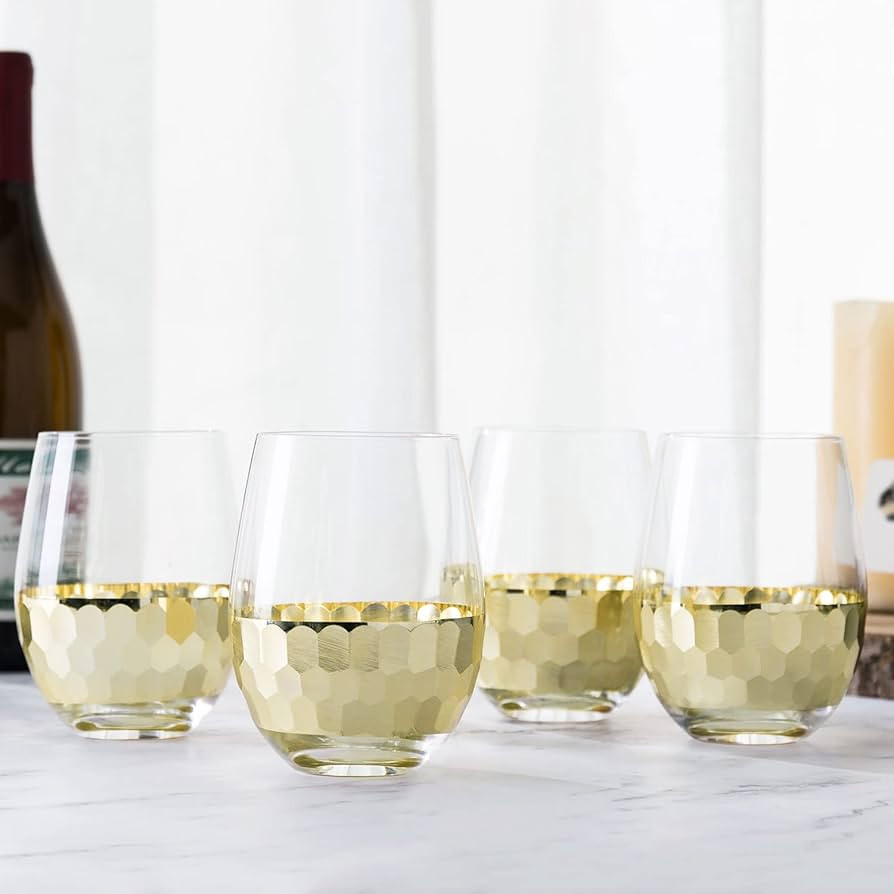 MyGift 18 oz Stemless Wine Glasses Set of 4 with Gold-Tone Hammered Design | Amazon (US)