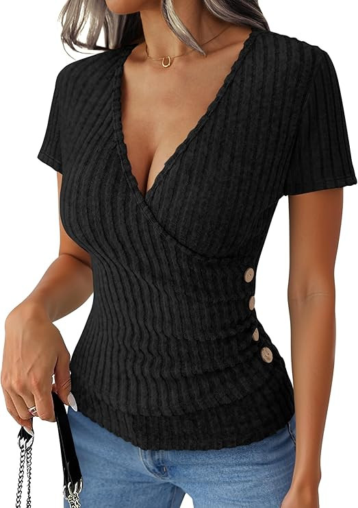 ANRABESS Shirts for Women V Neck Short Sleeve Sexy Top Ribbed Slim Fit Dressy Casual, 2026 Comfy ... | Amazon (US)