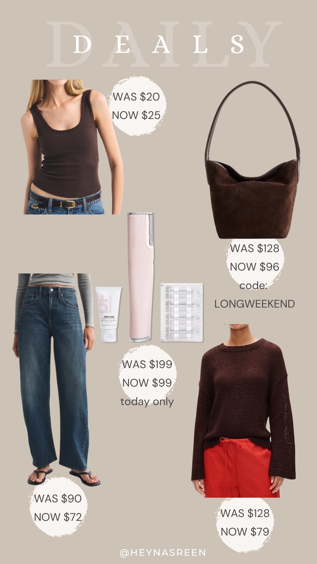 Daily deals on Abercrombie tank, Madewell bag, J.Crew sweater, Dermaflash derma planning tool, Abercrombie barrel jeans