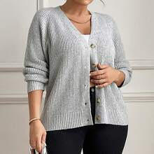 Plus Size Women's Solid Color Knit V-Neck Single Button Regular Fit Cardigan, Simple Design, Suitable For Halloween, New Year, Valentine's Day, Thanks | SHEIN