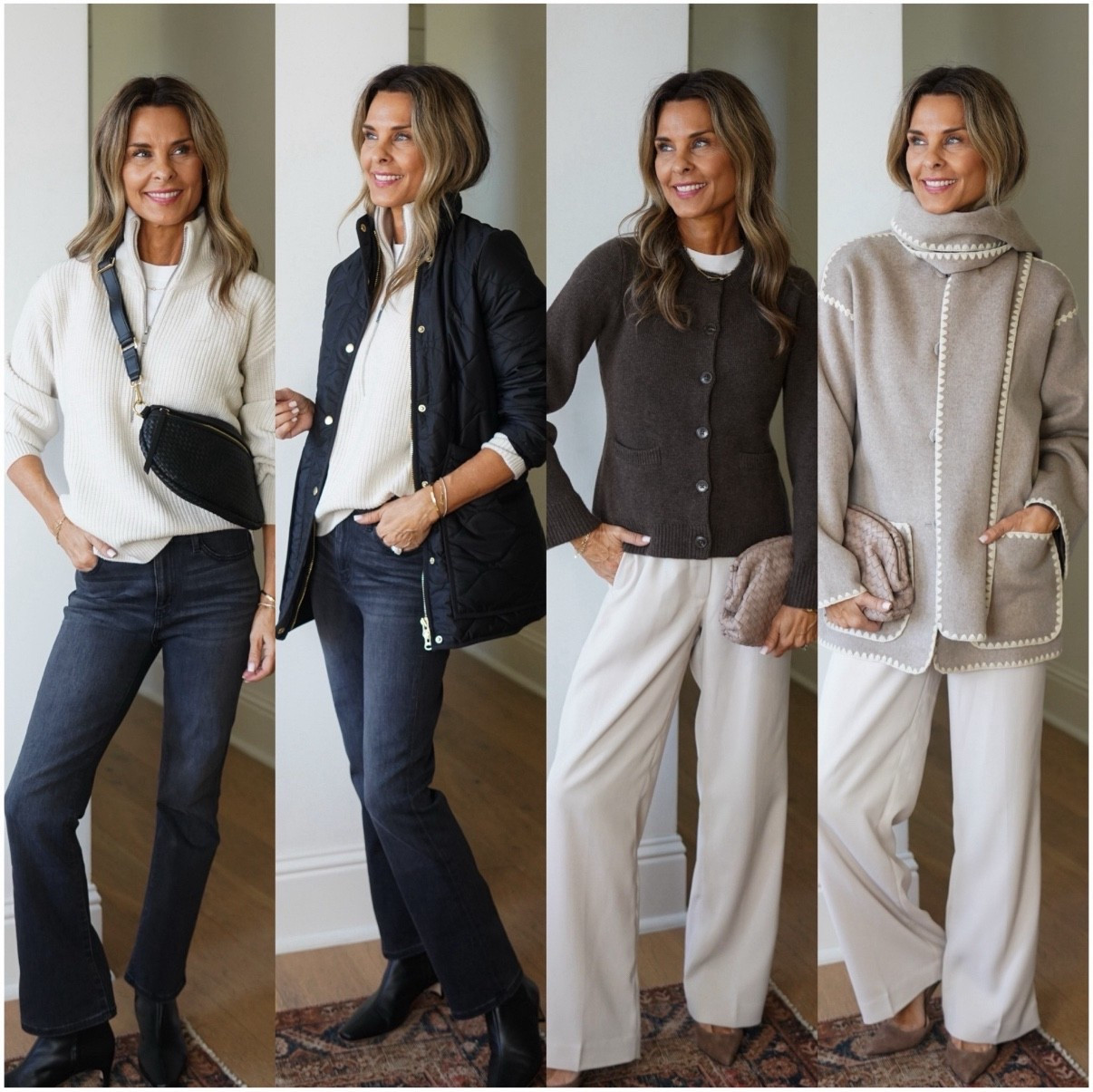 All Quince! I’m 5’6’’.
-All coats and sweaters size XS
-Black quilted coat I could use a S in, it’s tight in the shoulders!
-Would size down in the white sweater
-Crepe pants size 2
-Jeans size up
-Woven leather crossbody bag

#LTKStyleTip 
#LTKFindsUnder100 #LTKOver40