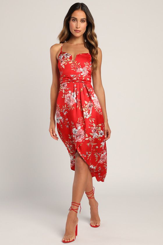 My Favorite Day Red Floral Print Tulip Skirt Midi Dress | Lulus