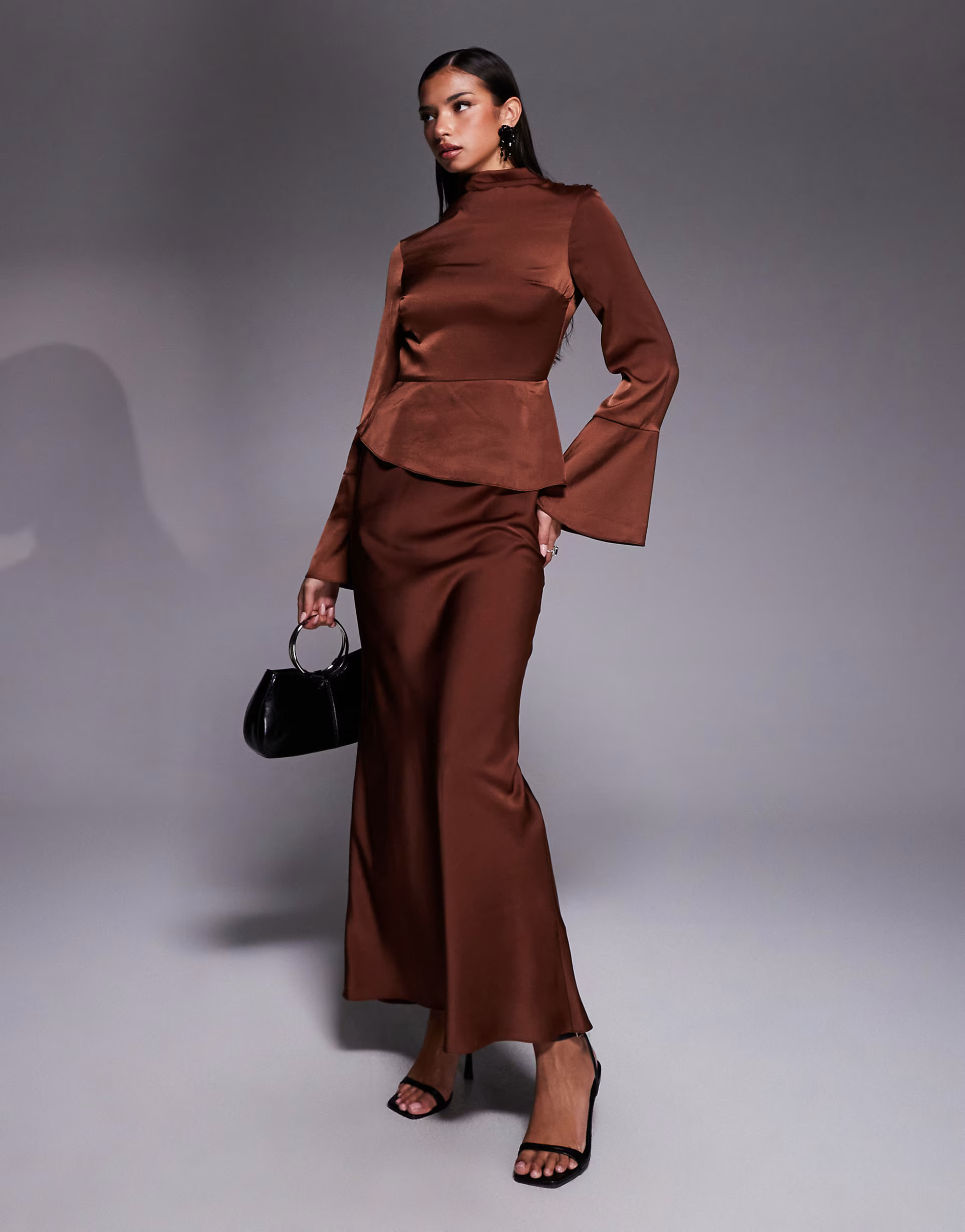 ASOS DESIGN fluted sleeve peplum maxi dress in chocolate | ASOS | ASOS (Global)