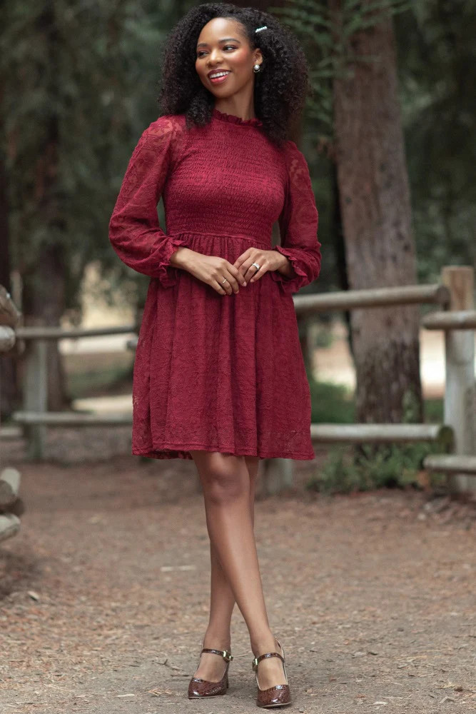 Red Lace Smocked Long Sleeve Dress | PinkBlush Maternity