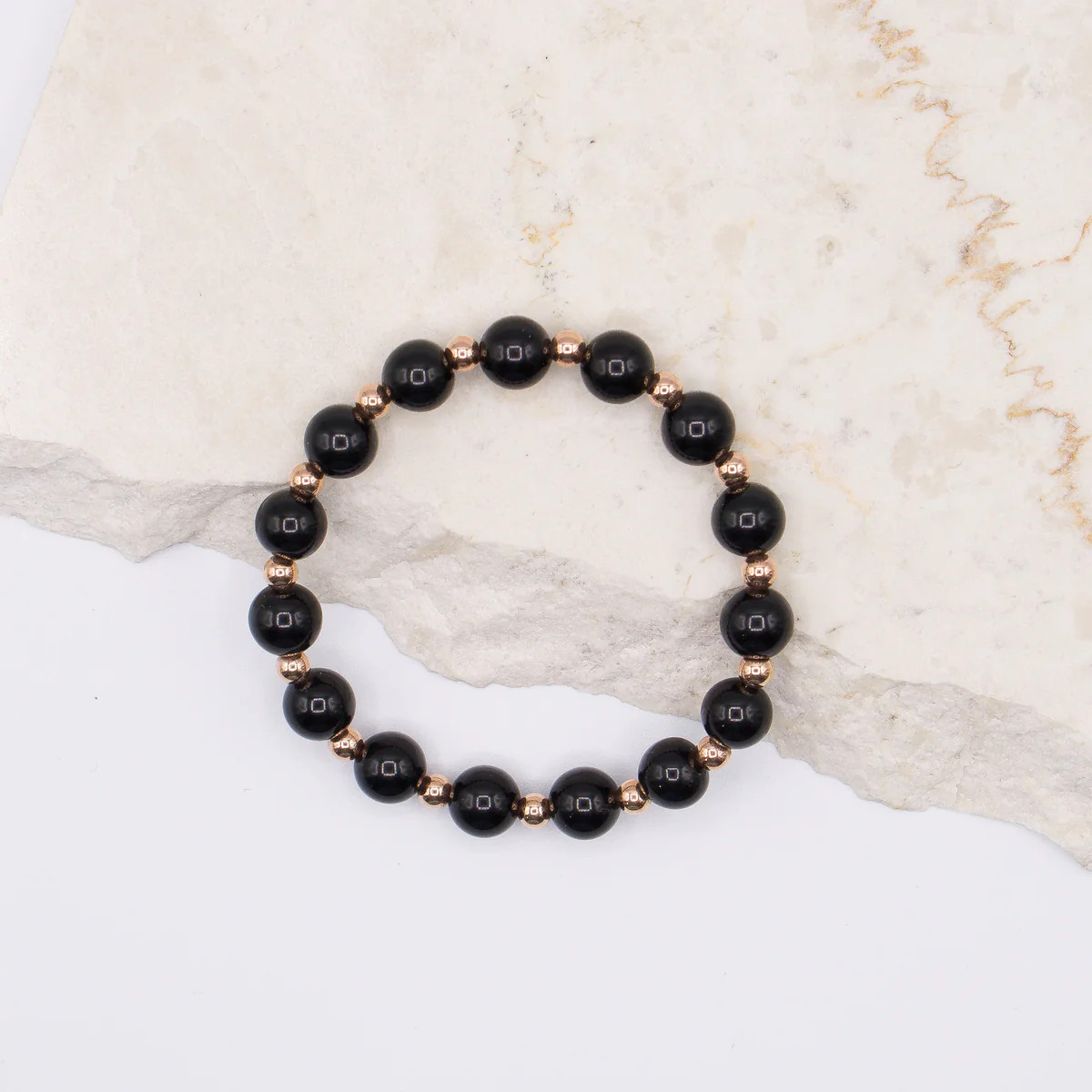 8mm Black Obsidian with 4mm Rose Gold Filled Beaded Bracelet | Sparkl