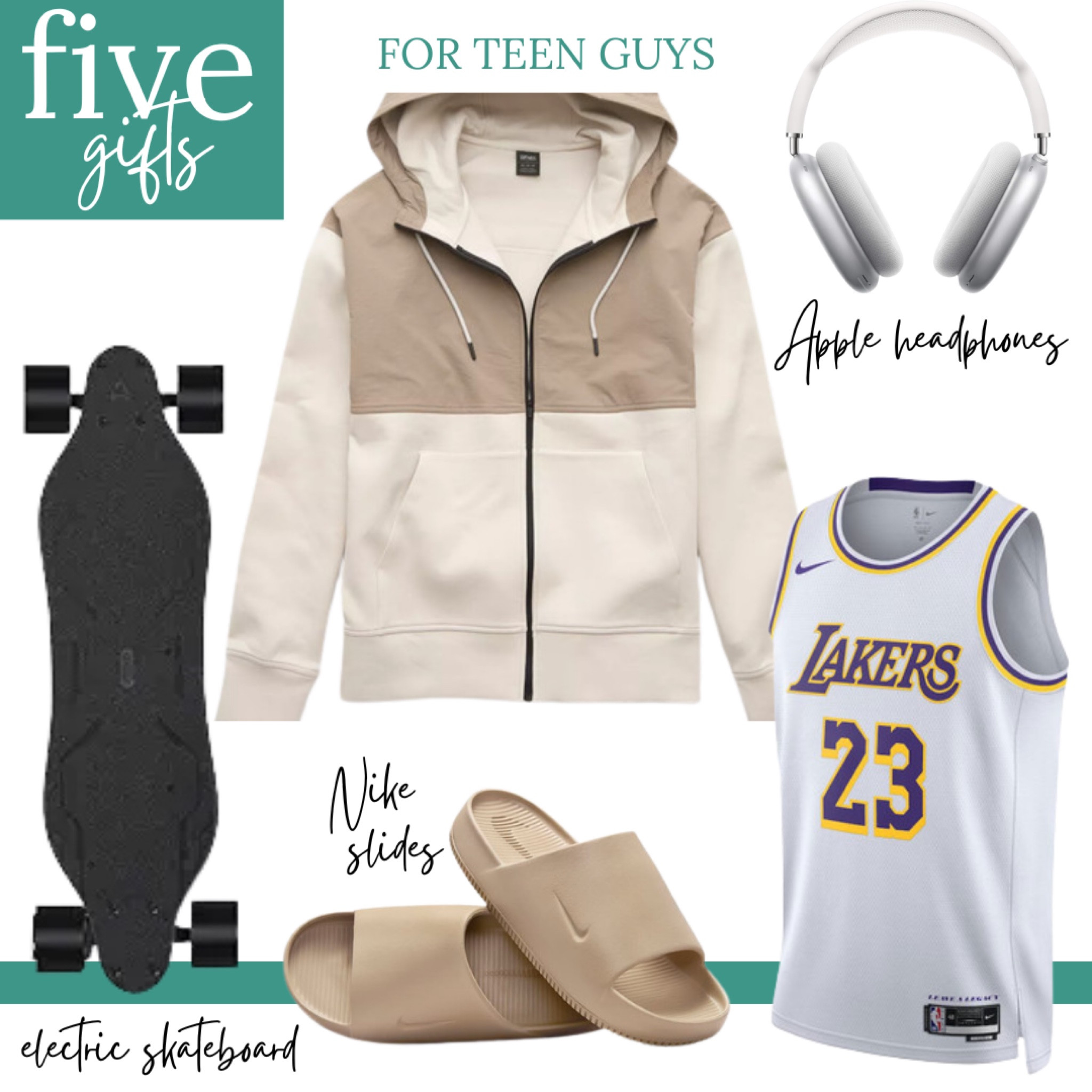 5️⃣ gift ideas for teen guys 

gift guide, boys, hoodie, jacket, electric skateboard, LeBron James, basketball jersey, Apple AirPods Max headphones, Nike slides





#LTKGiftGuide #LTKCyberWeek #LTKHoliday