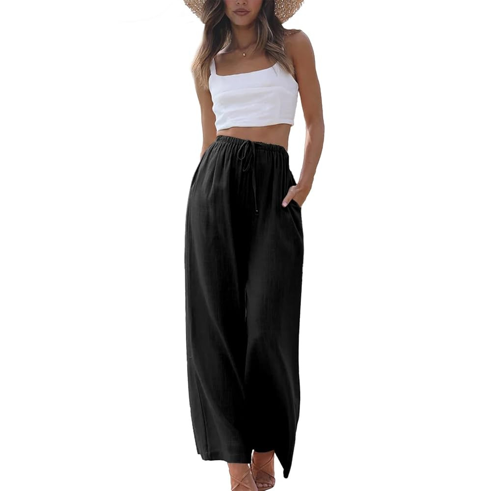 Duyang Womens Cotton Linen Palazzo Pants Drawstring Elastic Waist Casual Wide Leg Trousers with P... | Amazon (US)