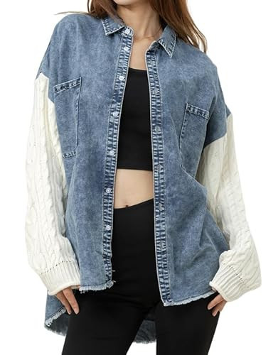Hivebabe Women's Cozy Sweater Sleeve Denim Shacket, Oversized Button Down Jean Jacket with Knit Cuffs, Winter Layering Piece | Amazon (US)