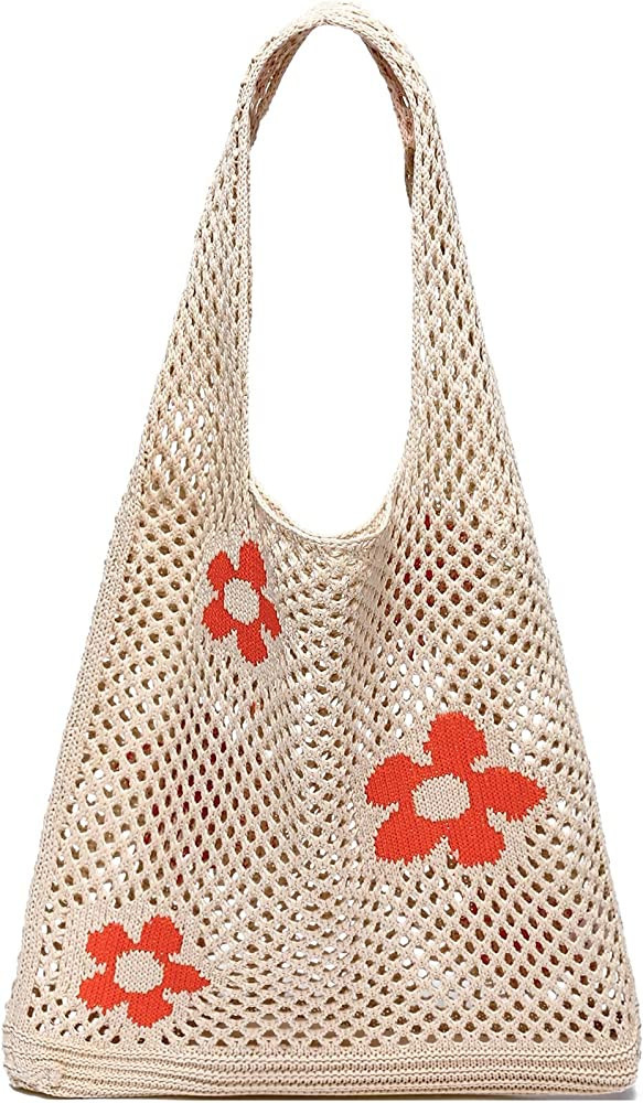 CATMICOO Crochet Mesh Beach Tote Bag Summer Aesthetic Knit Bag for Women | Amazon (US)