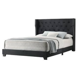 Larna Black Velvet Upholstered Queen Panel Bed | The Home Depot