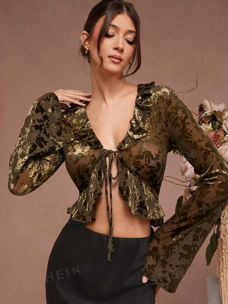 L'Amorae Elegant Ruffle Mesh Open Tie Front Christmas Top For Women | SHEIN