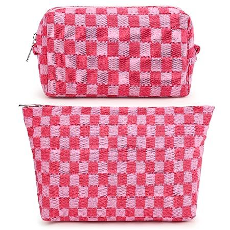 SOIDRAM 2 Pieces Makeup Bag Large Checkered Cosmetic Bag Pink Capacity Canvas Travel Toiletry Bag... | Amazon (US)