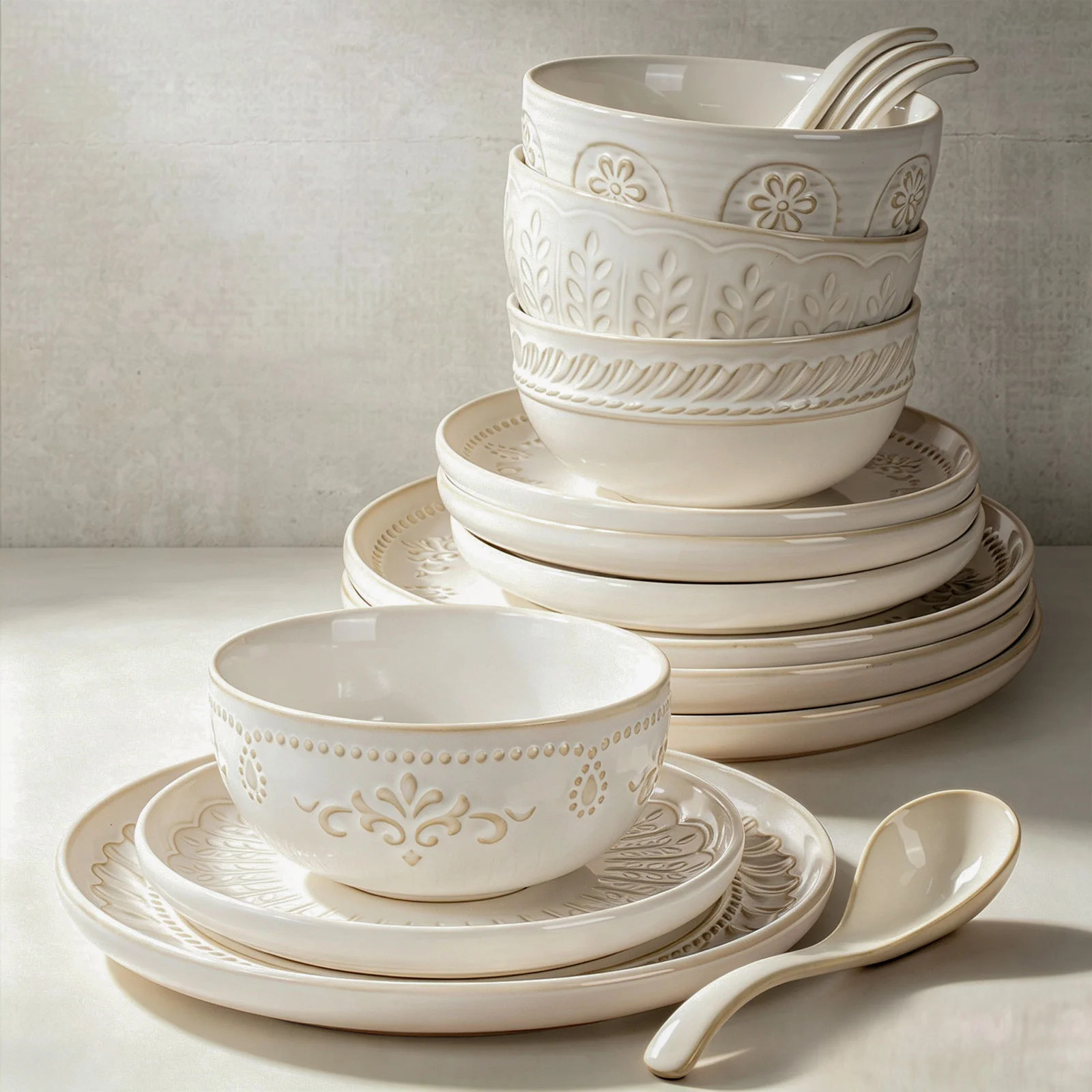 16-Piece Ceramic Dinnerware Set for 4, Embossed White Plates and Bowls, Dishwasher & Microwave Safe, Multiple Patterns | Wayfair North America