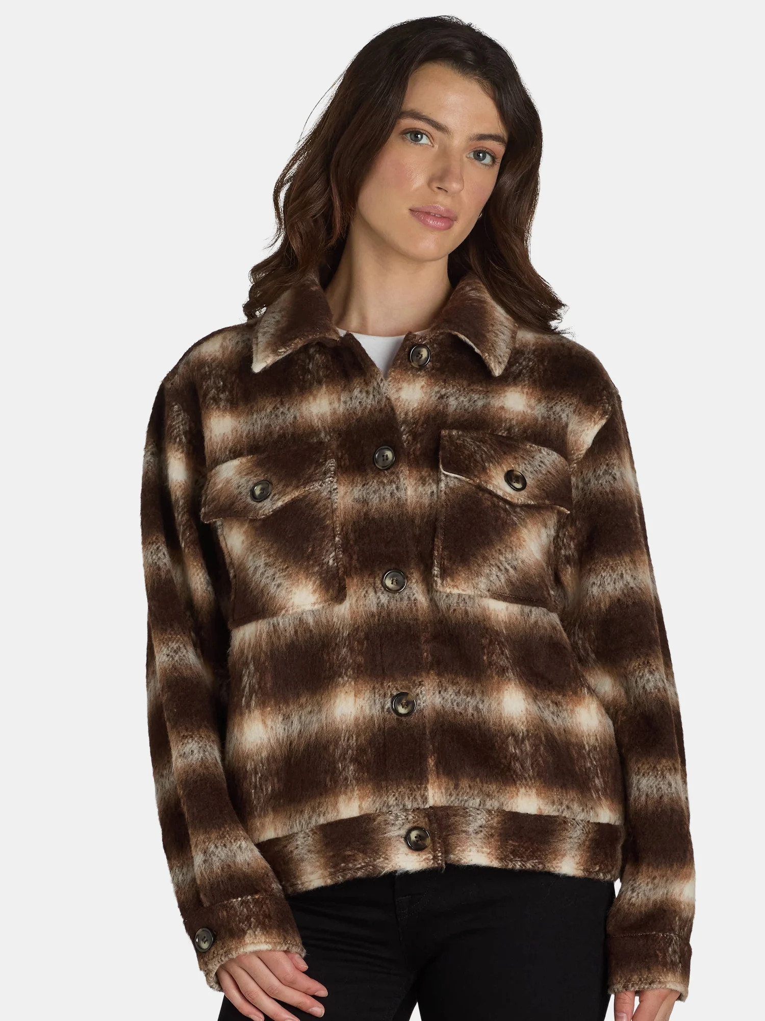 Time and Tru Women's Cropped Plaid Button Down Shacket, XS-XXXL | Walmart (US)