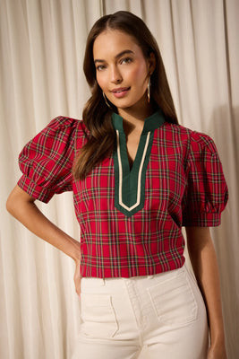 Madeline Red Plaid Contrast Trim Top | Avara