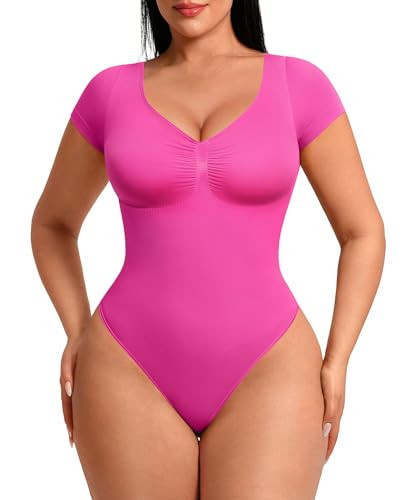 FeelinGirl Women's Shapewear Bodysuits V Neck Short Sleeve Soft Body Shaper for All-Day Wear Going Out Tops for Women Raspberry Pink S | Amazon (US)