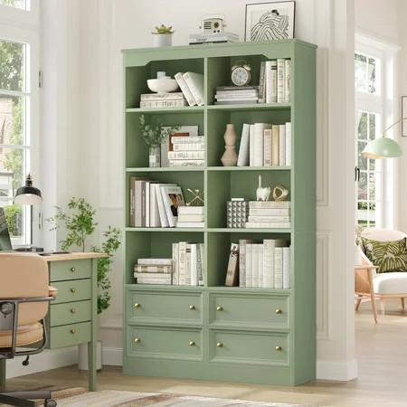 Homfa Double Row 6 Tier Bookcases, 71 in Tall Bookcase Bookshelf with 4 Drawers and 8 Display Cubicles, for Home Office Living Room, Green | Walmart (US)