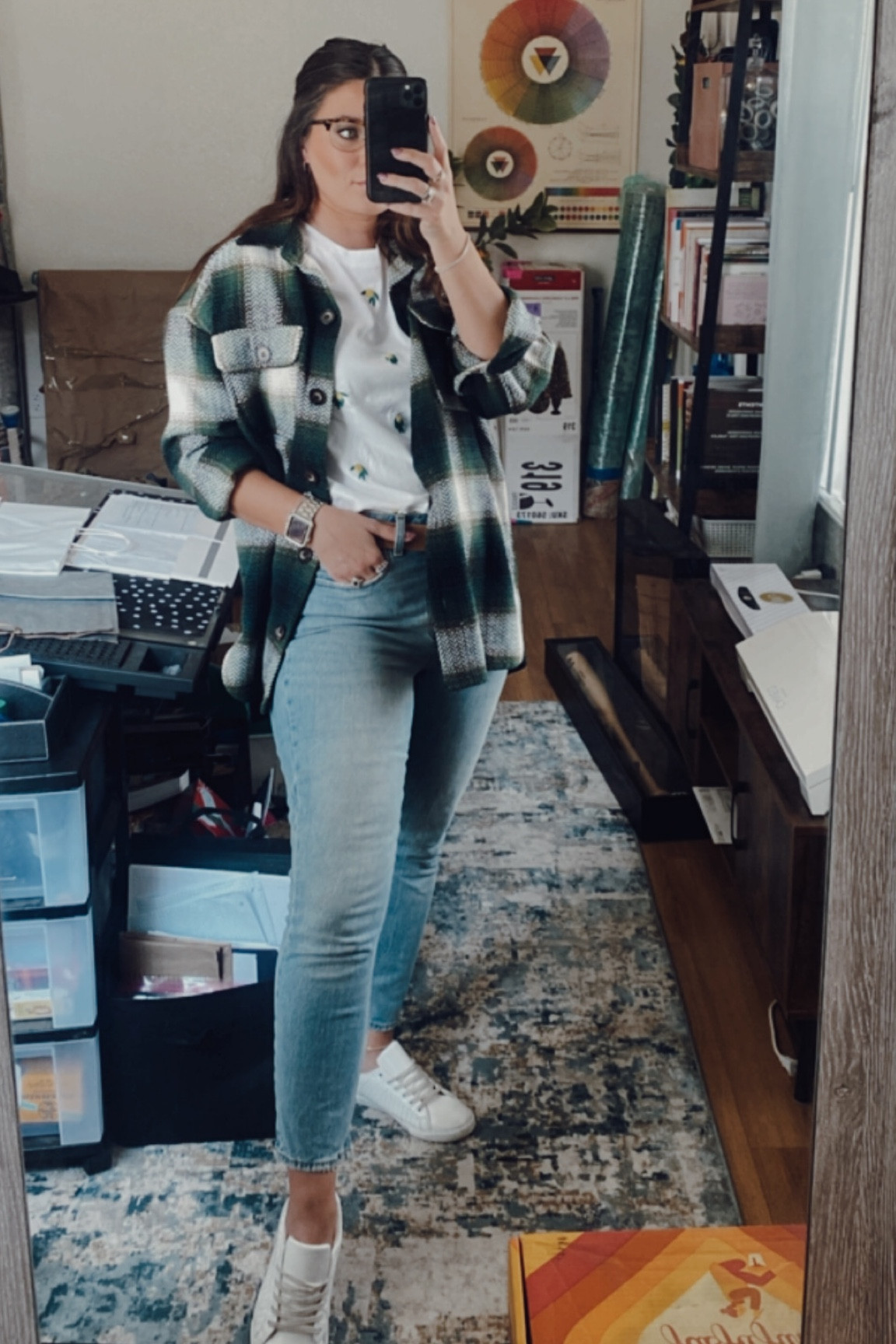 Todays OOTD featuring a green shacket, lemon tee, light wash denim, and white sneakers

#LTKstyletip #LTKFind #LTKSeasonal