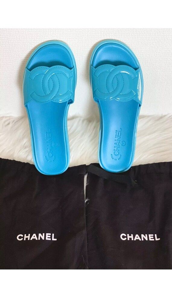 CHANEL CC Patent Calfskin Leather Slip On Mules 37 Turquoise / | Etsy | Etsy (US)