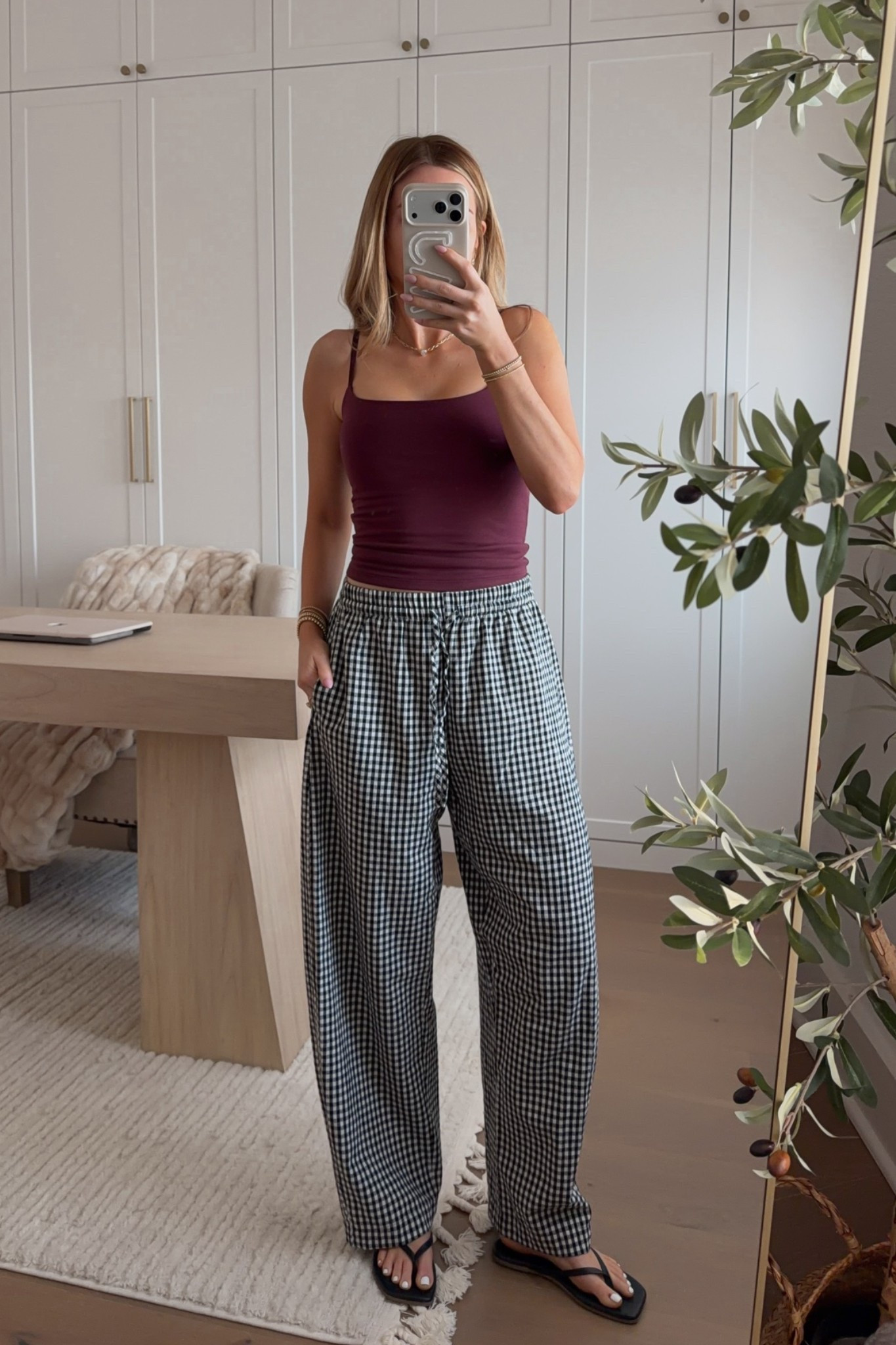 bra tank: xs // pants: small — these amazon gingham pants are suuuch an easy go-to for me. i need to get them in brown for fall!