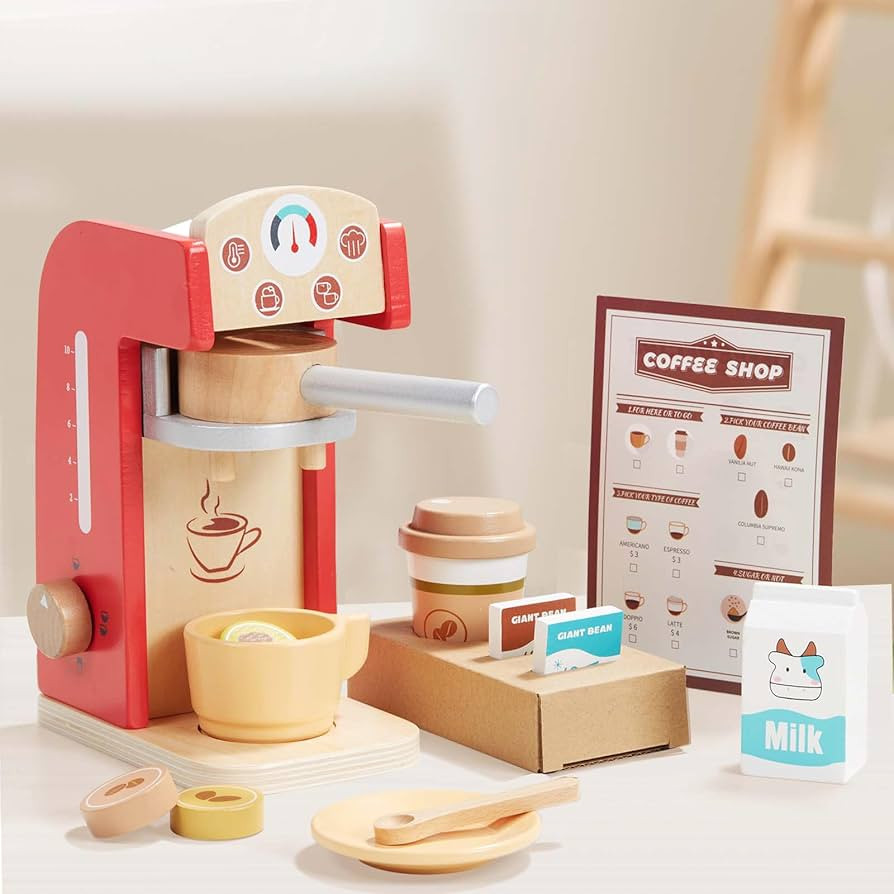 Giant Bean Wooden Coffee Maker Set Toy for Kids, 15 pcs Play Kitchen Accessories, Pretend Playset... | Amazon (US)