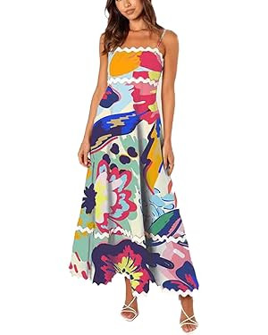 LOAIHA Women Midi Dresses 2024 Spaghetti Straps Sleeveless Smocked Rickrack Trim Boho Flowy Loose... | Amazon (US)