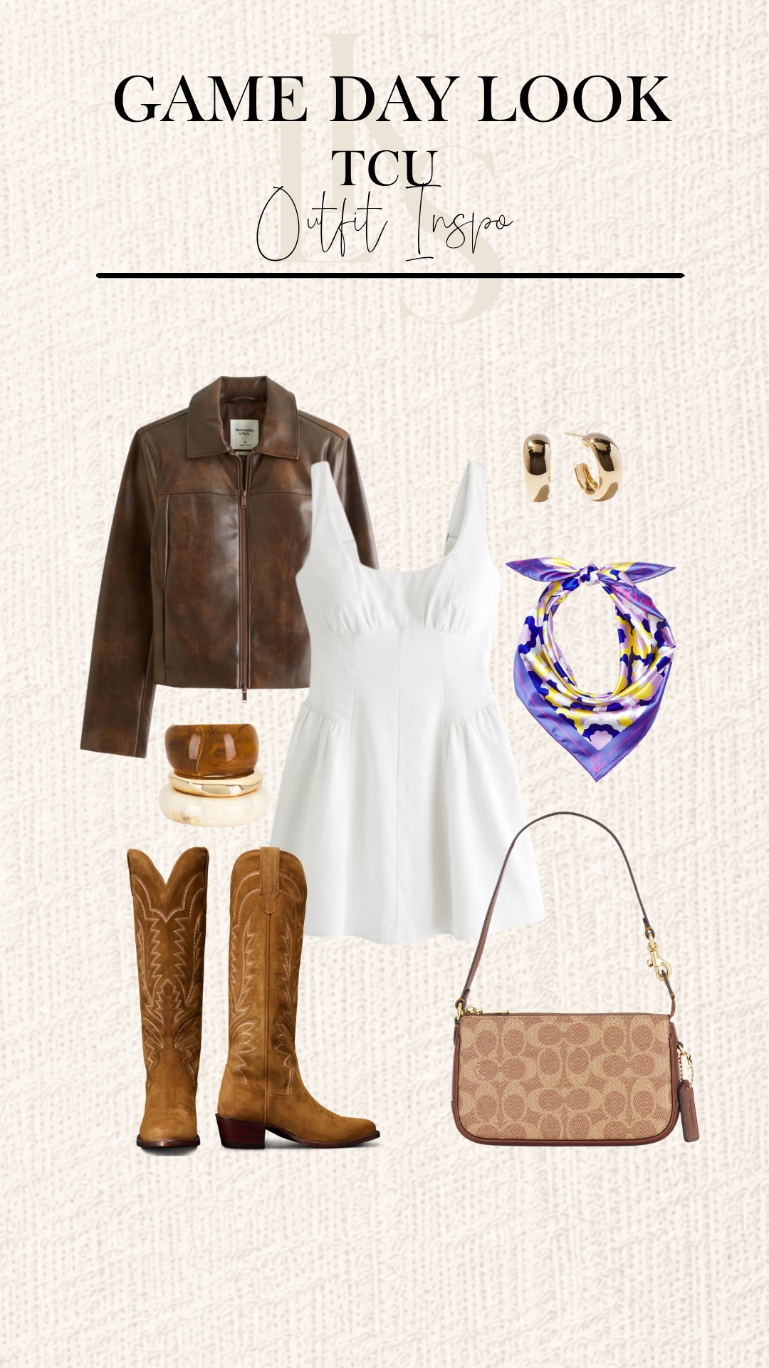Bring a little purple, yellow, and western flair to game day 💜💛🤎 This TCU-inspired outfit pairs a feminine white dress with cowboy boots, a leather jacket, and a colorful scarf. Tap to shop! 

 