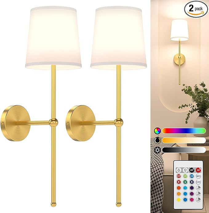 Battery Operated Wall Sconce Set of 2, Rechargeable Wall Lights with Remote, 15 Colors Wireless D... | Amazon (US)