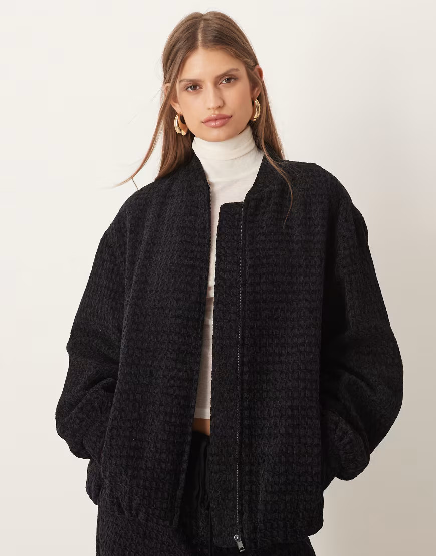 ASOS DESIGN oversized boucle bomber jacket with wrap back in black - part of a set | ASOS (Global)