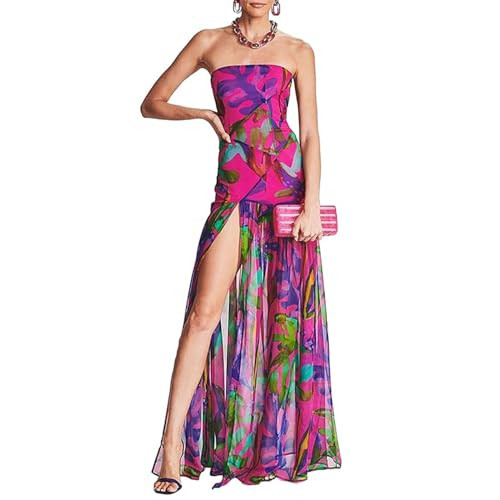 Women Tube Top Dress Tiger Stripe Mesh Patchwork Maxi Dress Strapless Sexy High Slit Long Dresses... | Amazon (US)