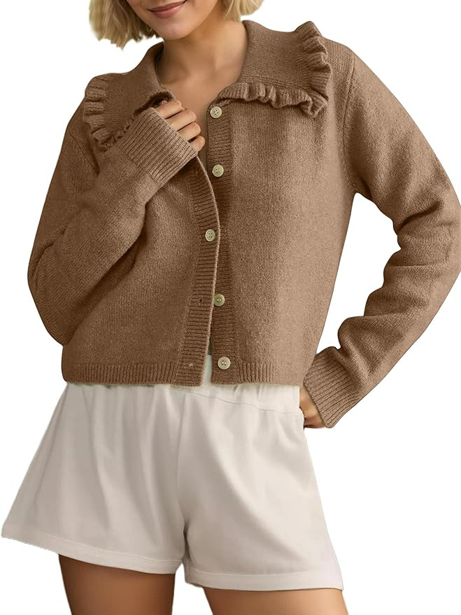 MISSACTIVER Women Ruffle Collar Cropped Cardigan Casual Lapel Button Down Sweaters Long Sleeve Op... | Amazon (US)