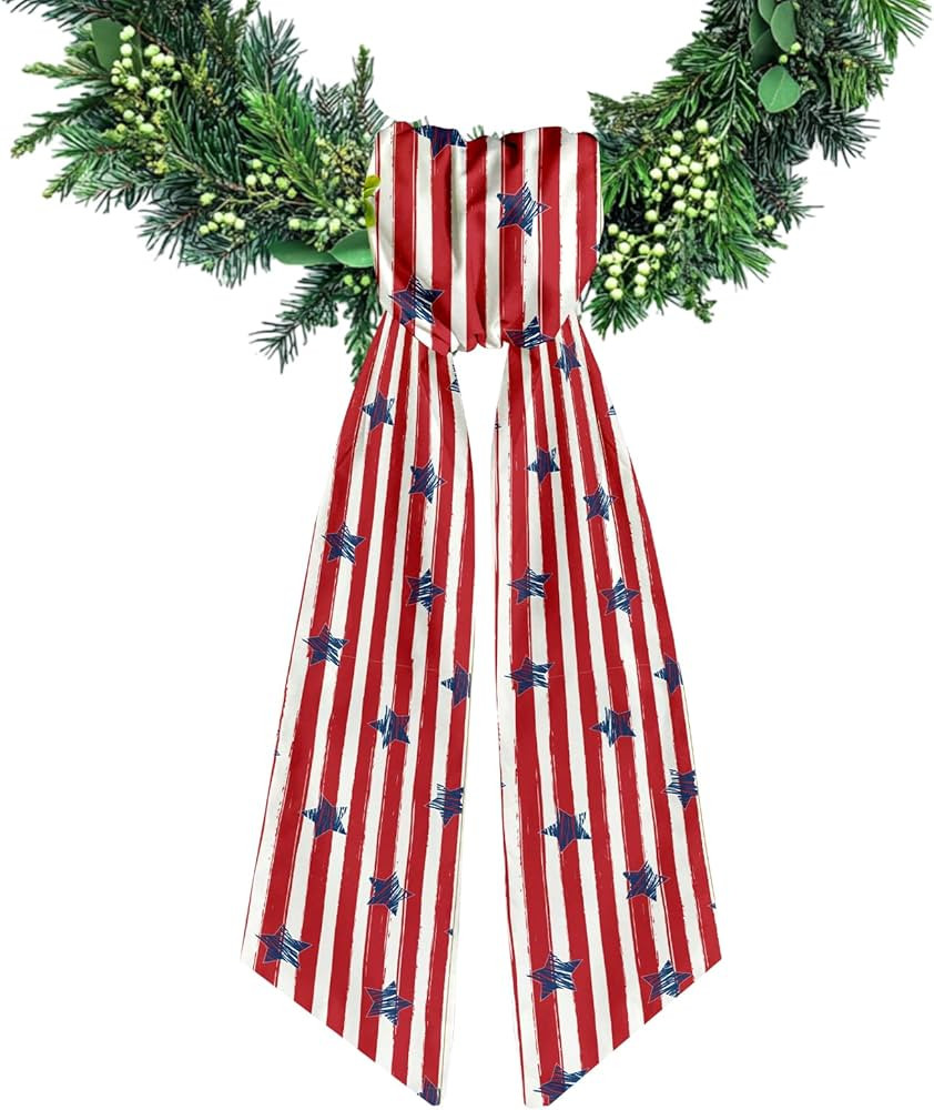 Patriotic Wreath Sash for Front Door Red White Stripe Wreath Satin Sash Burlap Garland Ribbon Acc... | Amazon (US)
