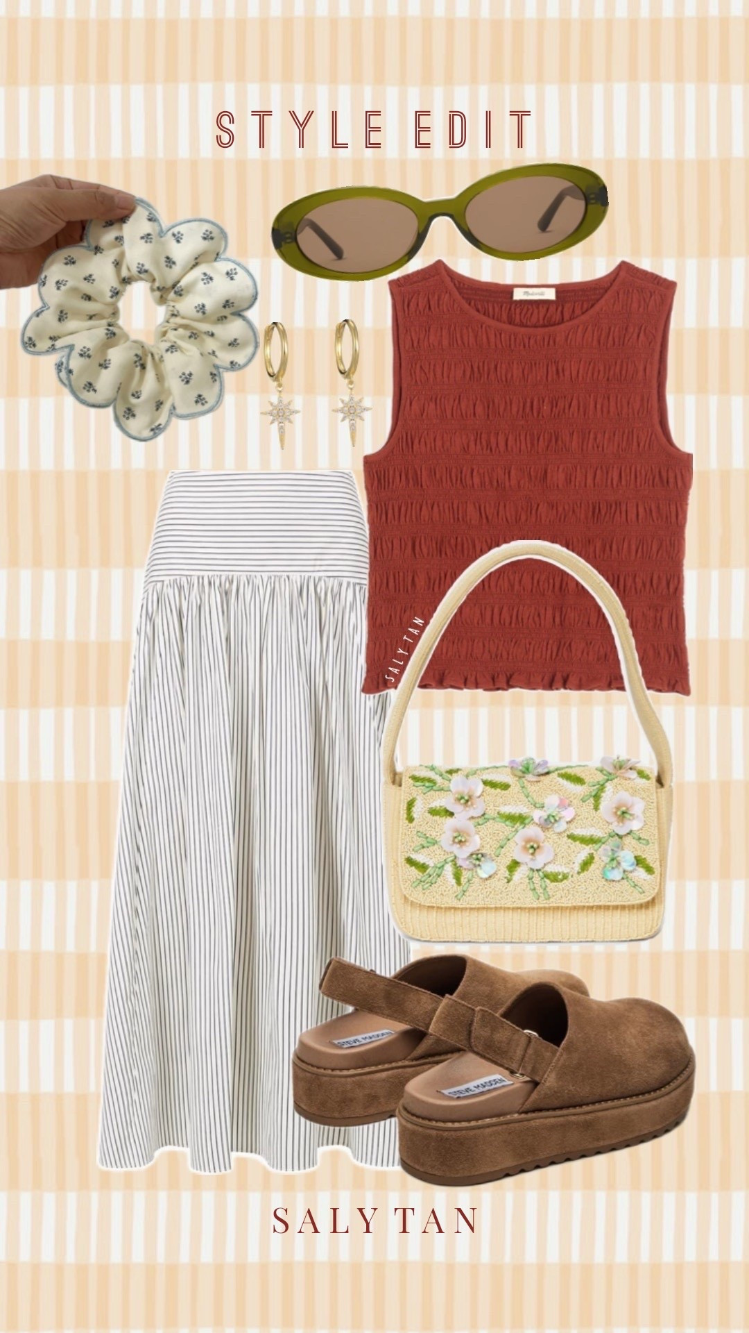 STYLE EDIT: OOTD INSPO

Quince oval / green Bali polarized acetate sunglasses 
Madewell Smoked Boatneck Tank Top
STAUD striped midi skirt 
Floral Beaded Mini Shoulder Handbag
Steve Madden cognac brown suede platform Shoes 
Floral scalloped hair tie
Star Rhinestone Gold plated S925 earrings
