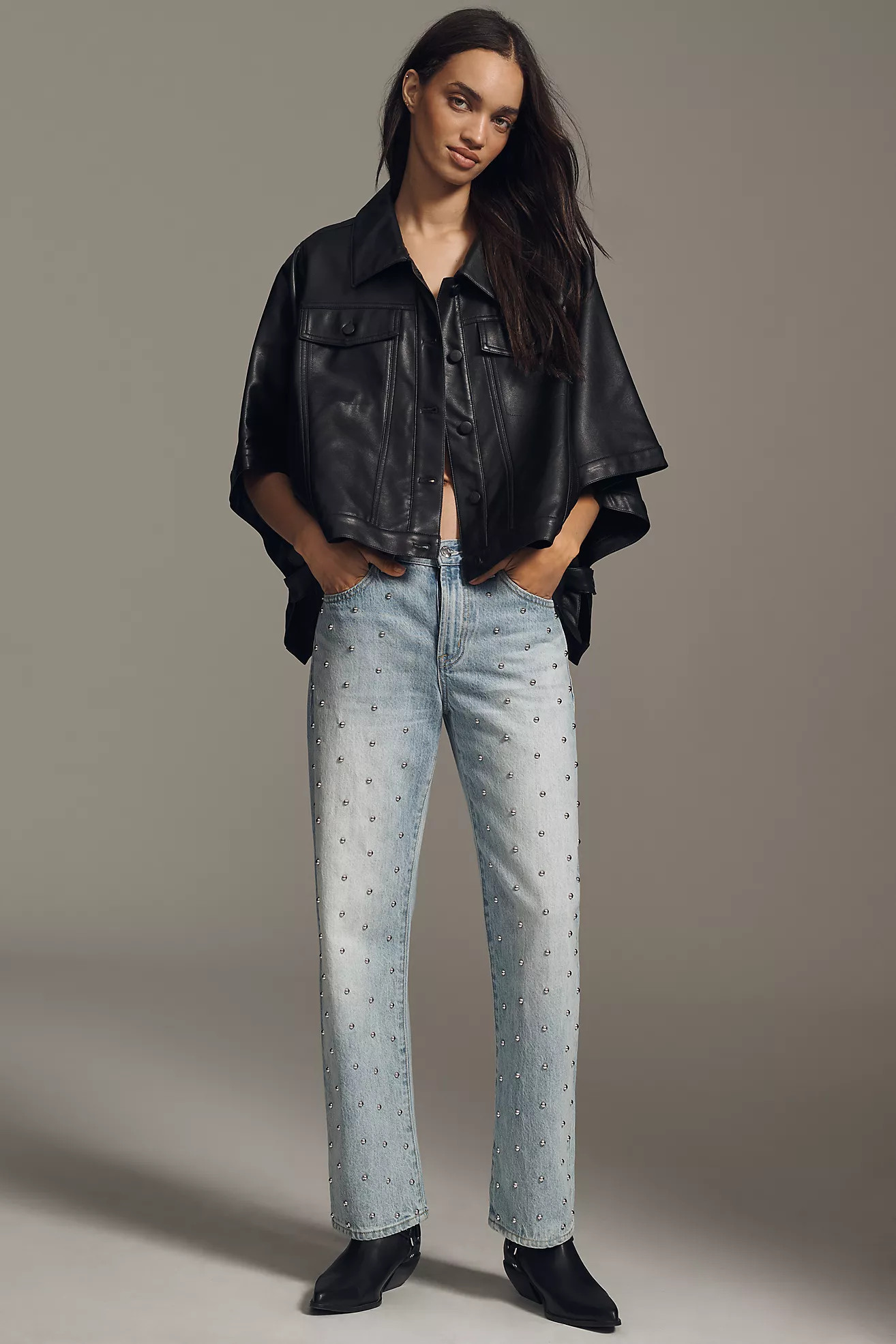 Weston Cape Denim Boyfriend Jacket by Pilcro: Faux Leather Edition | Anthropologie (US)