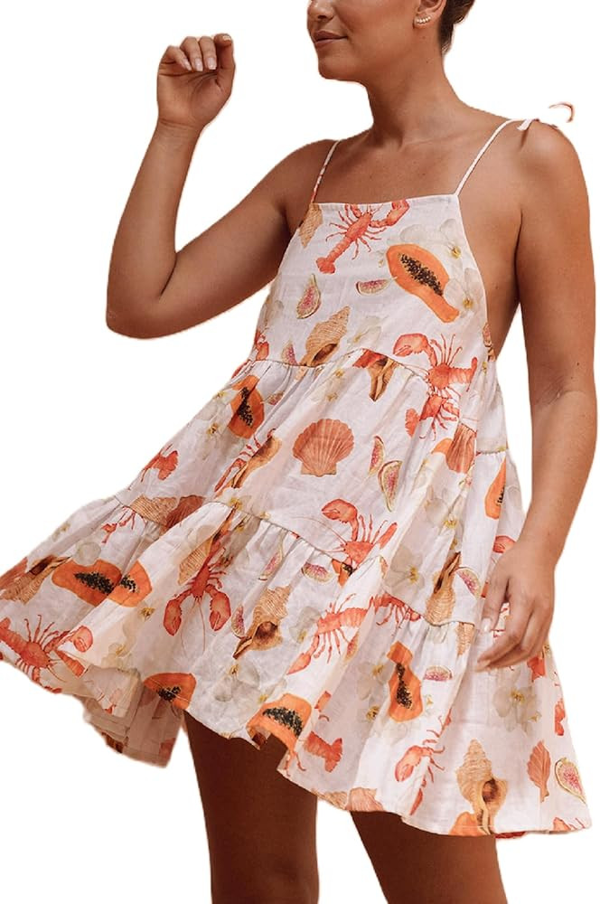 Women Y2K Cute Mini Dress Fruit Print Spaghetti Strap Short Dress Graffiti Cami Dress Sleeveelss ... | Amazon (US)